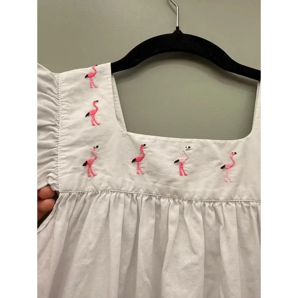 Carole Amper Girls Flamingo Dress White Cotton Embroidered Handmade Mexico